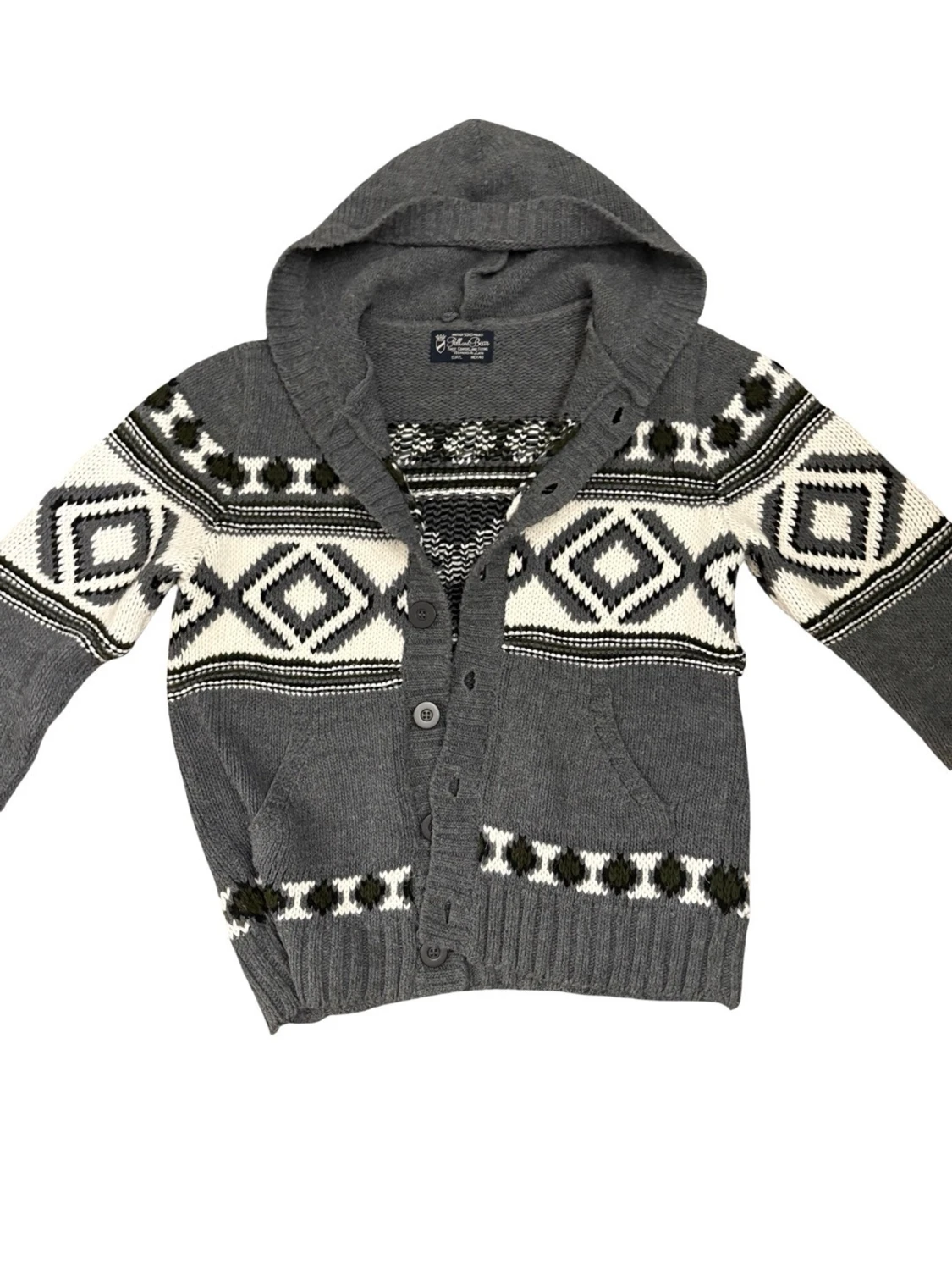 Grå stickad hoodie-kofta med mönster - 1