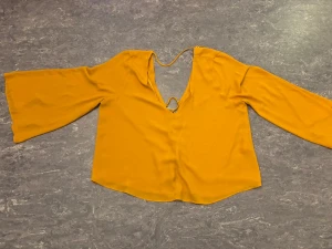 Gul blus med snörning och v-ringning - Säljer en snygg gul blus med v-ringning och snörning framtill. Blusen har långa, vida ärmar och är gjord i ett mjukt, lätt material som ger ett skönt flow. Perfekt för dig som gillar färg och coola detaljer. Fråga gärna om mått eller fler bilder!