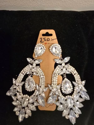 Glittrande örhängen  - Bilden visar ett par stora, glittriga örhängen med många klara stenar i olika former, men ingen väst finns med på bilden.