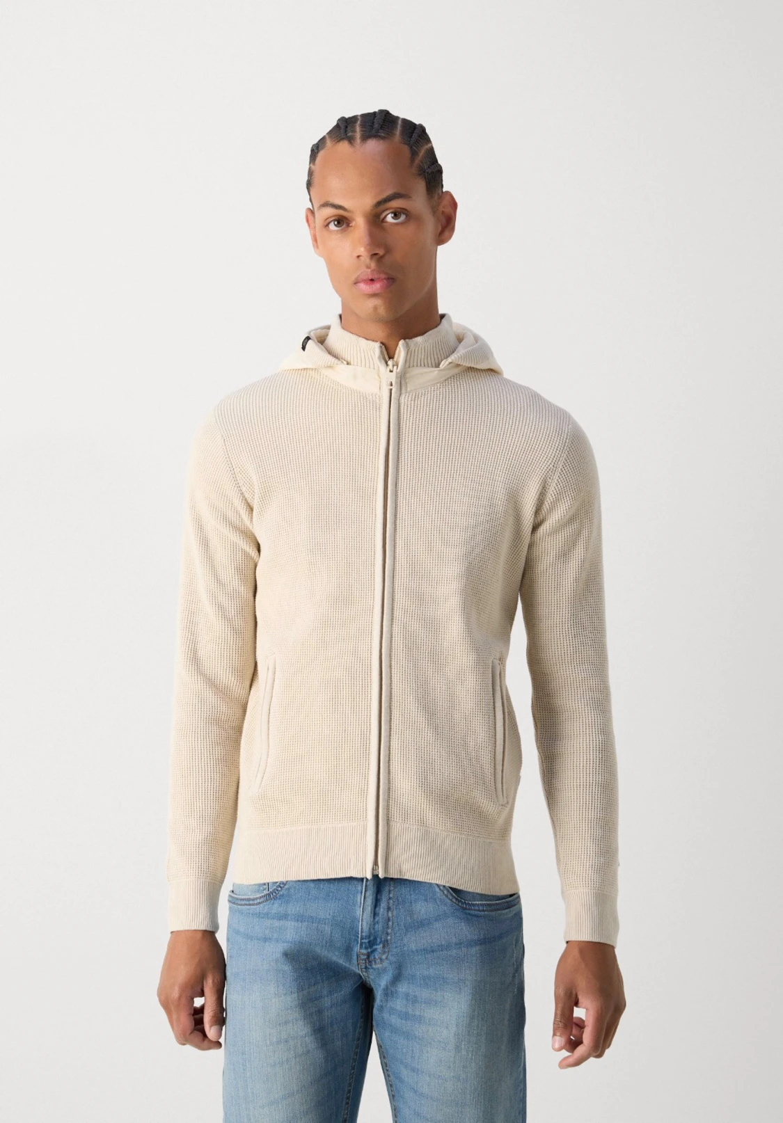 Beige stickad cardigan med huva - 3