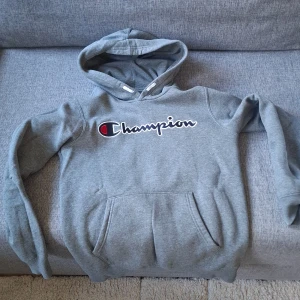 Grå hoodie från Champion L - Grå hoodie från Champion med stor logga framtill. Klassisk känguruficka och huva, insidan är mjuk och fleecefodrad. Perfekt för dig som gillar sportig och avslappnad stil. Passar dig som är ca 150-155 cm lång. Gjord av 79% bomull o 21% polyester. Bra skick, inga hål.