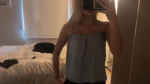 Randig blå linnetopp med volangkant - Säljer en söt och somrig linnetopp med tunna axelband och volangkant upptill. Toppen är ljusblå med vita smala ränder och har en loose passform som ger en chill vibe. Perfekt för varma dagar och enkel att matcha med jeans eller shorts.