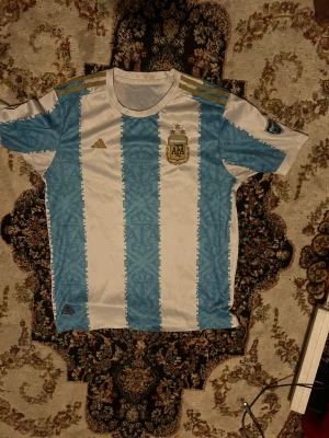 Argentina fotbollströja Adidas blå/vit - Säljer en officiell Argentina fotbollströja från Adidas med klassiska blå och vita ränder, guldiga detaljer och broderat AFA-märke på bröstet. Tröjan har korta ärmar, rund hals och är tillverkad i lätt, ventilerande polyester. Perfekt för dig som älskar fotboll och vill visa ditt stöd.