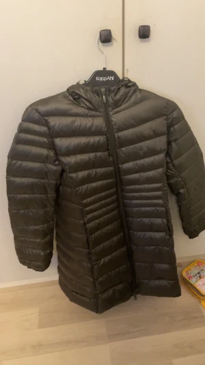 Mörk Grön pufferjacka - Säljer en mörk grön pufferjacka med huva och dragkedja framtill. Jackan har ett quiltat mönster och är tillverkad i syntetmaterial. Perfekt för kyliga dagar och har en stilren look som funkar till många outfits.