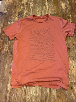 Rostfärgad Houdini t-shirt med print - Snygg rostfärgad t-shirt från Houdini med ett stilrent grafiskt print på bröstet som föreställer berg och en varg. T-shirten har rund hals och korta ärmar, tillverkad i mjuk bomull som känns skön mot huden. Perfekt för dig som gillar friluftsliv och minimalistisk design.