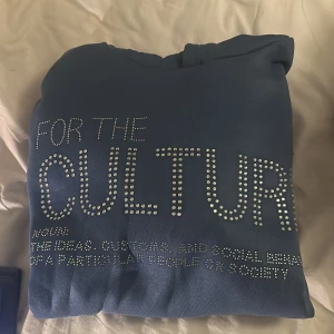 Blå hoodie från Real Artistic People - Blå hoodie med texten 'FOR THE CULTURE' i silvriga paljetter på bröstet och broderad logga på ärmen. På ryggen står 'REAL ARTISTIC PEOPLE' broderat i vitt. Tröjan har huva och magficka, perfekt för dig som gillar streetwear och vill sticka ut.