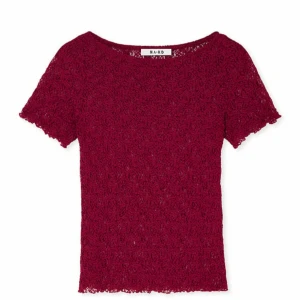Vinröd spetsblus från NA-KD - Säljer en vinröd blus från NA-KD med korta ärmar och rund hals. Blusen är helt i spets med ett genomskinligt, broderat mönster som ger en romantisk vibe. Perfekt att styla med jeans eller kjol för en cool look.