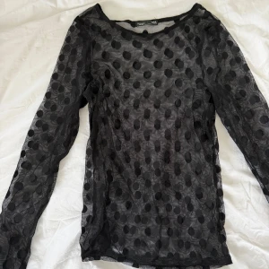 Svart meshprickig topp från Zara - Säljer en transparent svart mesh-topp från Zara med stora sammetsprickar över hela tyget. Toppen har lång ärm och rund halsringning, perfekt för att skapa en cool lager-på-lager-look.