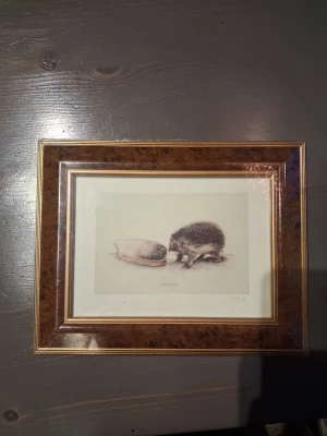 Lasse Åberg tavla vänskap  - Säljer denna charmiga tavla som är gjord av Lasse Åberg. Tavlan är oanvänd och fortfarande inplastad. Tavlan består av en mörkbrun ram med guldiga detaljer och motivet är en igelkott som undersöker en borste och så står det vänskap under. Mått 23.5cm x 18.5cm. Tavlan är perfekt för att addera en touch av natur och djurliv i ditt hem.