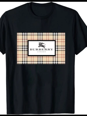 Svart Burberry t-shirt med rutig print - Snygg svart t-shirt från Burberry med klassiskt beige, rött och svart rutig print framtill och logga i mitten. T-shirten har korta ärmar och rund hals. Perfekt för dig som gillar ikoniska designer och streetstyle.