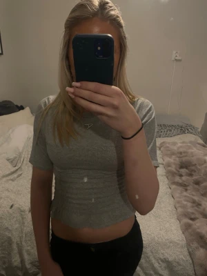 Grå tröja  - Grå tröja från H&M med korta ärmar och ribbad, smockad struktur på nedre delen. Tröjan är mjuk och stretchig. 