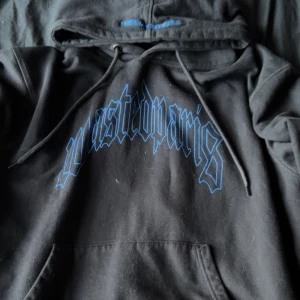 Svart hoodie från Wasted Paris - Svart hoodie från Wasted Paris med blå tryckt logga i gotisk stil över bröstet. Tröjan har huva med snörning och en stor magficka. Perfekt för dig som gillar streetwear och vill ha en snygg och bekväm look.