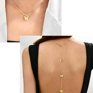 2 in 1 rygg kedja med  halsband med fjärilar - Superfint guldigt halsband med flera små fjärilar längs kedjan. Halsbandet har en unik design där det hänger ner längs ryggen, perfekt till en klänning med öppen rygg. Kedjan är tunn och smidig, och fjärilarna ger en söt och trendig touch.