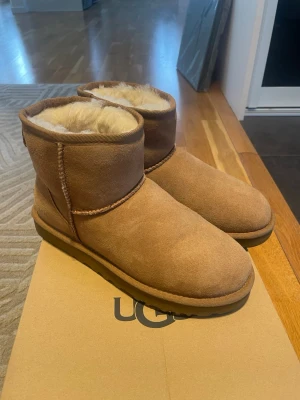 UGG Classic Mini II boots ljusbrun - UGG Classic Mini II boots i beige mocka med mjukt fårskinnsfoder. Klassisk rund tå och platt sula, perfekt för kalla dagar. Ikonisk UGG-logga bak på hälen och enkel, stilren design. I nyskick och aldrig använda!