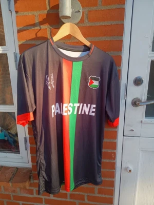 Palestina tröja - Säljer en svart t-shirt med Palestina-tryck och texten 'PALESTINE' på framsidan. T-shirten har gröna och röda ränder, emblem på bröstet och röda detaljer på ärmsluten. Baksidan har stort tryck med karta och texten 'FREE PALESTINE'. Perfekt för dig som vill visa ditt stöd.