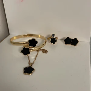 Svart och guldigt smyckeset med blommor - Säljer ett snyggt smyckeset med armband, halsband, ring och örhängen i guldton med svarta blommor. Alla delar har en stilren blomformad design som ger en cool och modern vibe. Perfekt för dig som gillar att sticka ut med detaljer. Helt ny
