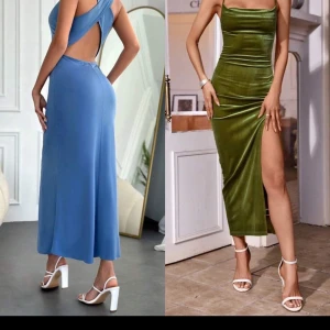 Blå och grön långklänning med slits - Två eleganta långklänningar, en i blått med snygg öppen rygg och korsade axelband, och en i glansig grön med smala axelband och hög slit. Använd totalt 1 gång på den blåa och den gröna har bara provat, för båda säljas för 70kr