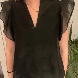 Svart blus med volangärmar - Säljer en svart blus med transparenta volangärmar och v-ringad hals. Blusen har en luftig och lätt känsla