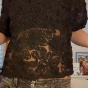 Svart transparent blus med broderi - Säljer en svart transparent blus med korta ärmar och stora broderade blommor över hela tyget. Blusen har en croppad passform och är perfekt för dig som vill sticka ut med en unik och trendig look.