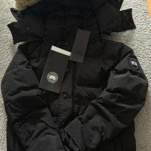 Svart dunjacka från Canada Goose M - Säljer en svart dunjacka från Canada Goose med ikonisk patch på ärmen och stor huva med pälskant. Jackan har en klassisk, puffig siluett och stängs med både dragkedja och knappar. Perfekt för kalla vinterdagar och riktigt snygg streetstil.