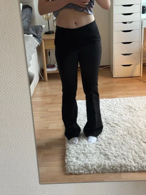 Svarta midwaist utsvängda kostymbyxor - Säljer ett par svarta midwaist kostymbyxor med utsvängda ben. Jag är 1,68 och de är släpar liiite i golvet utan skor. De är från Neo Noir och köptes för 900kr🙌🏻