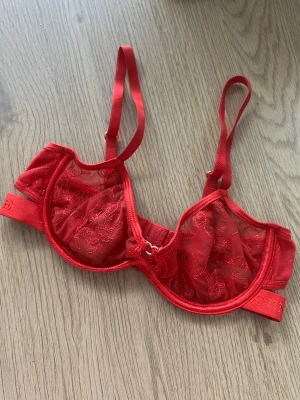 Röd Lounge spets-bh med bygel - Supergullig röd mesh bh från Lounge, storlek 65C. Söta små hjärtan som detaljer. Tror att den eventuellt kan ha blivit tvättad lite för varmt då den blivit lite wonky när den ej sitter på. Fint skick i övrigt ❤️