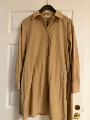 Beige skjortklänning från Gianni Bini, storlek L  - Stilren beige skjortklänning från Gianni Bini med klassisk krage, knäppning framtill och långa ärmar. Klänningen har en loose passform och är tillverkad i ett mjukt material som ger en avslappnad look. Den har ett avtagbart band i midjan för att framhäva figuren. Den kommer från rök och djurfritt hem. 