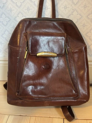 Brun skinnryggsäck med ficka - Snygg brun ryggsäck i skinn från The Bridge med en framficka som har guldfärgad detalj. Klassisk form med dragkedja upptill och justerbara axelremmar. Perfekt för dig som vill ha en stilren och tidlös väska till vardagen. DEFEKTER den är sliten på vissa ställen i lädret och de guldiga detaljerna, bild 7 och 1. Ena dragkedjan till en av de små fickornaär också igensydd men det finns en annan till samma fack. Båda dragflikarna till det  själva väskan fattas men dragkedjan fungerar fortfarande. 