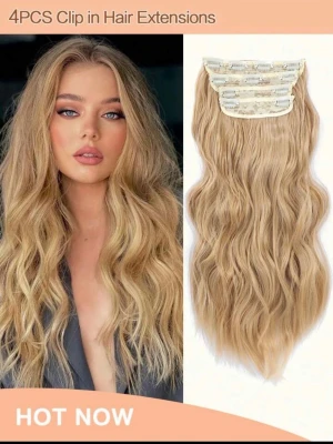 Blonda clip-on löshårsvågor 4-pack - Säljer ett set med 4 stycken clip-on hårförlängningar i en naturligt blond nyans. Löshåret är långt och har mjuka, vågiga lockar. Clipsen är diskreta och enkla att fästa för en fylligare look. Perfekt för dig som vill ha längre och tjockare hår snabbt.