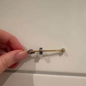 Guldfärgat armband med blå groda -  två berlocker: en blå och grön ödla med detaljer i silver samt ett klämmstopp med stjärnmönster och blå stenar. Perfekt för dig som gillar personliga smycken med coola detaljer. Nypris för klämstopp var 500 kr och 349 kr för ödlan tänker mig 250 kr för klämstopp och 150 för ödlan. Båda för 350 kr, knappt använda 