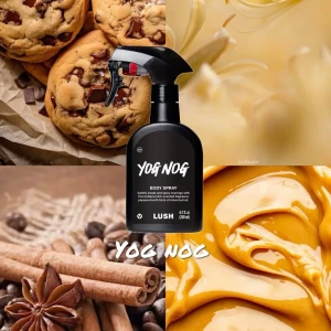 Yog Nog Body Spray 200ml - Yog Nog Body Spray från Lush i 200 ml storlek. Helt oöppnad eftersom jag köpte 2, men använder bara den ena. Får alltid komplimanger att jag doftar pepparkaka när jag bär den. Nypris 445