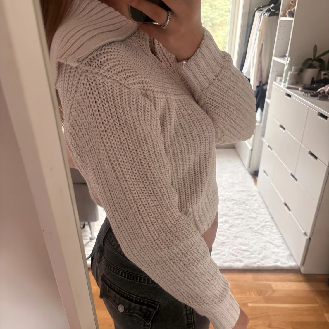 Beige croppad stickad tröja med half zip - 2