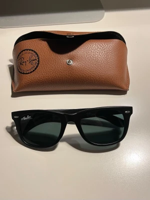 Ingen väst på bilderna - Bilderna visar ett par svarta Ray-Ban solglasögon med tillhörande brunt fodral och putsduk, ingen väst syns.