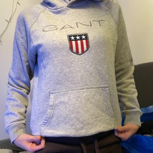 Grå hoodie från GANT med brodyr - Säljer en grå hoodie från GANT med broderad logga och sköld på bröstet. Tröjan har huva, magficka och långa ärmar. Perfekt för dig som gillar klassisk och sportig stil.