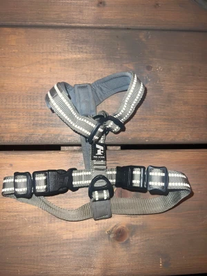 Grå randig sele från Feel Active - Säljer en grå sele från Feel Active med vita ränder och svarta detaljer. Selen är tillverkad i 100% polyester och har justerbara spännen samt en ring för koppel. Passar bröstomfång 40-50 cm. Perfekt för promenader med din fyrbenta vän.