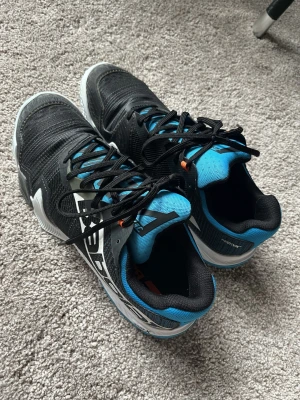 Babolat Jet Premura tennis/padelskor - Säljer ett par Babolat Jet Premura herrskor i storlek 44. Skorna är svarta med blå och vita detaljer, har snörning och en platt sula. Tillverkade i syntetmaterial med Michelin-sula för extra grepp på banan. Perfekta för dig som gillar tennis eller padel.