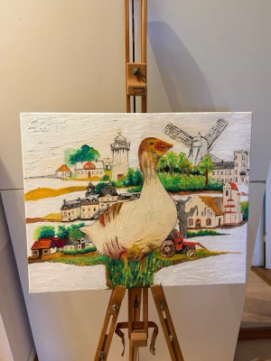 Realistisk målning - Denna konstnärliga målning, skapad med olja och akryl, fångar unika kulturella inslag från Skåne, Sverige. Ett perfekt dekorativt verk som även kan användas som en kulturell tillgång. Storlek: 50x40 cm. 