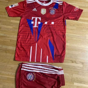 Bayern München Mane #17 fotbollströja - Säljer en röd Bayern München fotbollströja med Mane #17 på ryggen och matchande shorts. Tröjan har vita och blå grafiska detaljer, klubbmärke och sponsorer på bröstet, samt vita Adidas-ränder på axlar och shorts. Materialet är lätt och andas, perfekt för träning eller match.