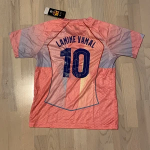 FC Barcelona Lamine Yamal fotbollströja - Säljer en FC Barcelona fotbollströja med Lamine Yamal och nummer 10 på ryggen. Tröjan är kortärmad och har en mix av rosa och ljusblå färger med klubbmärke på bröstet. Tillverkad i lätt och ventilerande material, perfekt för match eller träning.
