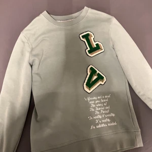 Louis Vuitton sweatshirt med tryck - Jätte fin grön sweatshirt från Louis Vuitton med stora gröna LV-bokstäver framtill och unikt tryck på ryggen med skelett, fågel och text. Tröjan har rund hals och långa ärmar, perfekt för dig som vill sticka ut med streetstyle-vibe. ( Storlek M) Passar för 15-16 åringar som väger runt  70kg. 