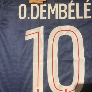 PSG Dembélé #10 Nike fotbollströja M - Säljer en Paris Saint-Germain fotbollströja med O. Dembélé och nummer 10 på ryggen. Tröjan är marinblå med geometriskt mönster i rött och vitt, PSG-emblem på bröstet och Qatar Airways som sponsor. Tillverkad i lätt Dri-Fit material för bästa komfort.