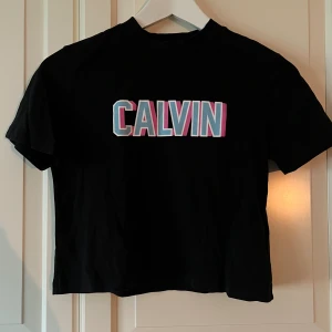 Svart croppad topp från Calvin Klein stl XS - Svart croppad topp från Calvin Klein med färgglad CALVIN-logga i rosa, blått och vitt framtill. T-shirten har korta ärmar och rund halsringning. Perfekt för en trendig och avslappnad look. Nyskick! 