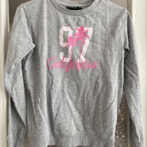 Grå tröja med tryck från H&M - Säljer en grå tröja från H&M med trycket '97 California' i vitt och rosa. Tröjan är långärmad och har en normal passform. Perfekt för en avslappnad vardagslook!