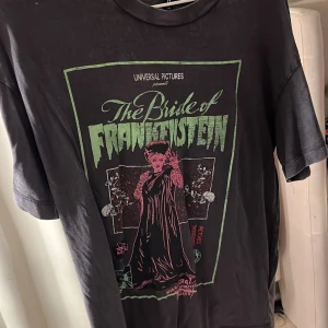 Svart t-shirt med Bride of Frankenstein-tryck - Cool svart t-shirt med ett retroinspirerat tryck av 'The Bride of Frankenstein' i grönt och rosa. Perfekt för filmälskare och de som gillar klassiska skräckfilmer. T-shirten har en normal passform och korta ärmar.