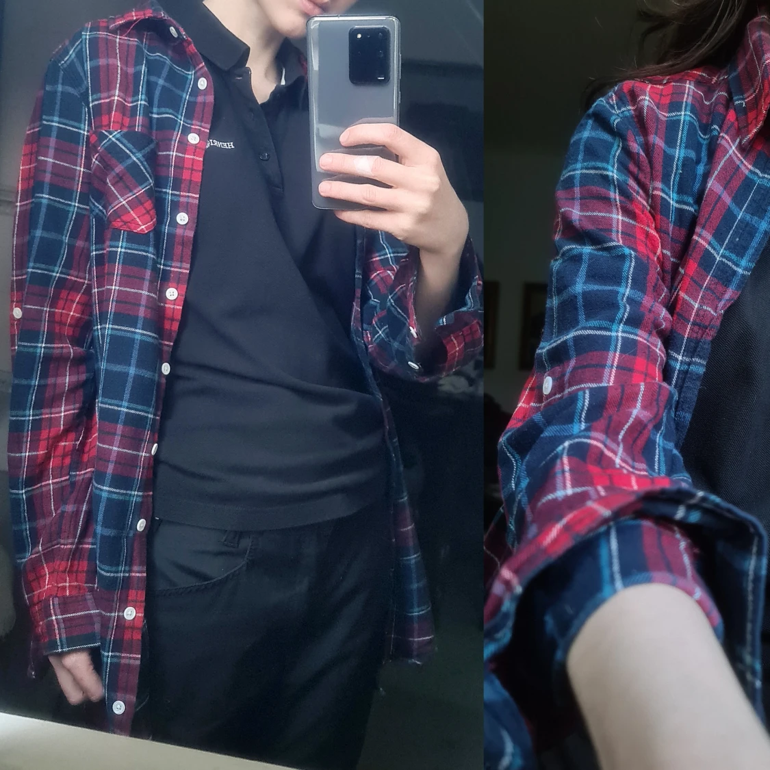 Lång flannelskjorta blå/röd M - 2