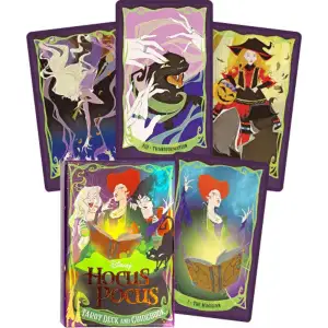 Bring a touch of witchcraft into your tarot practice with this illustrated deck inspired by Hocus Pocus!  Beloved since its release in 1993, Hocus Pocus has put a spell on fans with its humor and heart. Now, tarot enthusiasts and Hocus Pocus fans alike can celebrate their love for the film with this official tarot deck. Featuring original illustrations of the Sanderson sisters and the wider world of Hocus Pocus, this deck matches characters from the film with tarot archetypes, making it a fresh interpretation of a traditional tarot deck. This deluxe set of 78 cards consists of both major and minor arcana, perfect for anyone beginning their tarot practice, as well as for experienced practitioners.  Includes a 128-page guidebook with explanations of each card’s meaning and simple spreads for easy readings. 