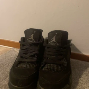 Svarta Nike Air Jordans - Säljer ett par svarta black cats i bra skick. De har en klassisk design med snörning och är perfekta för både vardag och sport. Skorna är bekväma och stilrena, vilket gör dem till ett måste i garderoben.