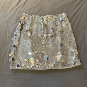 Glittrig paljettkjol - Säljer en superglittrig kortkjol med silverpaljetter. Perfekt för nyårsfesten eller en utekväll. Kjolen är stretchig i midjan så passar xs/s. Den är aldrig använd så i nyskick🤍