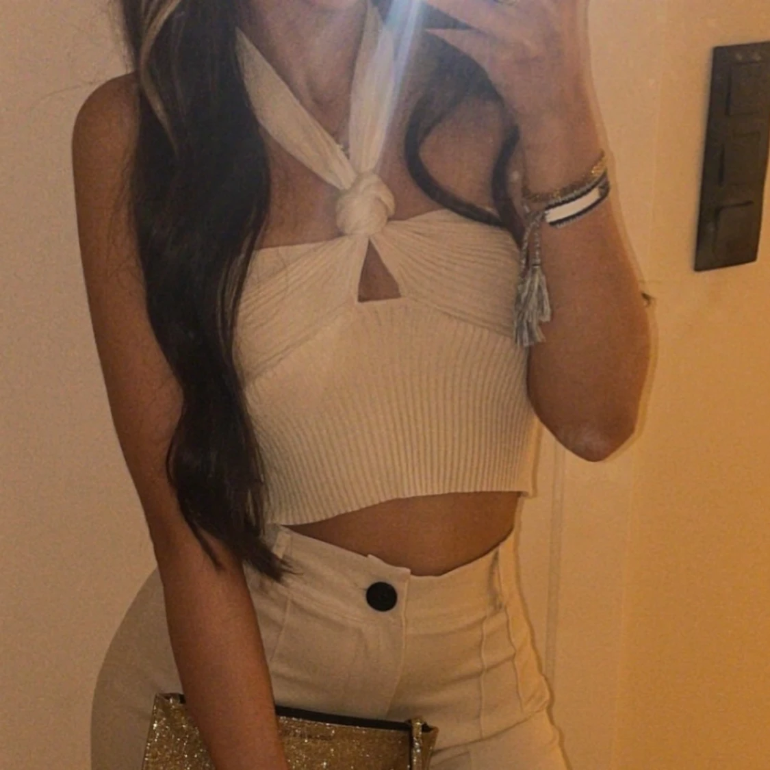 Beige ribbad halterneck topp