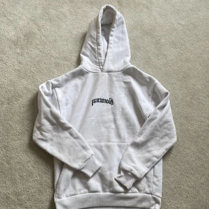 Vit hoodie med tryck - Säljer en vit hoodie med texten 'paranoid' tryckt på framsidan och ett stort kors med samma text på baksidan. Hoodien har en klassisk passform med långa ärmar och en stor ficka framtill. Perfekt för en avslappnad stil.